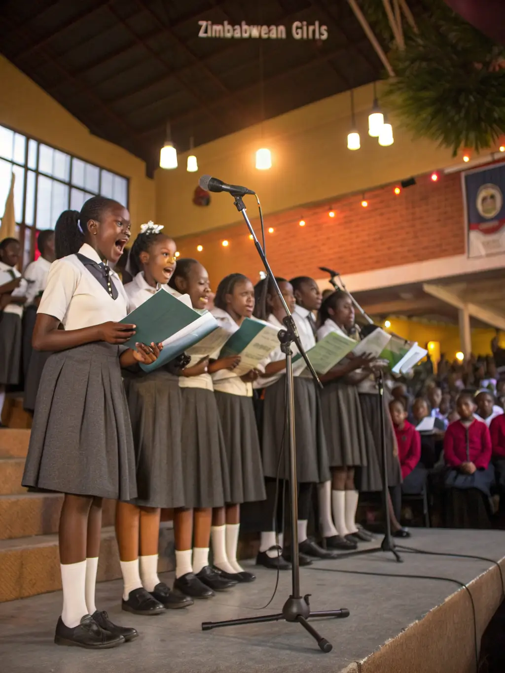 Girls High School choir performing during a school assembly, showcasing their musical talents and contributing to the school's vibrant culture.