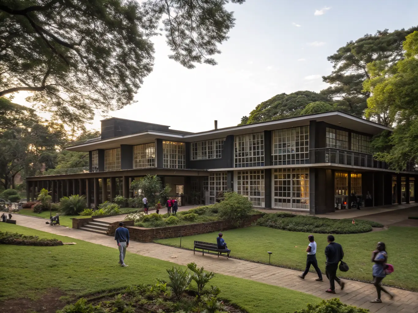A photograph of the exterior of Forsyth House, highlighting its modern facilities and vibrant community, with students engaged in various activities, such as studying or socializing in common areas.