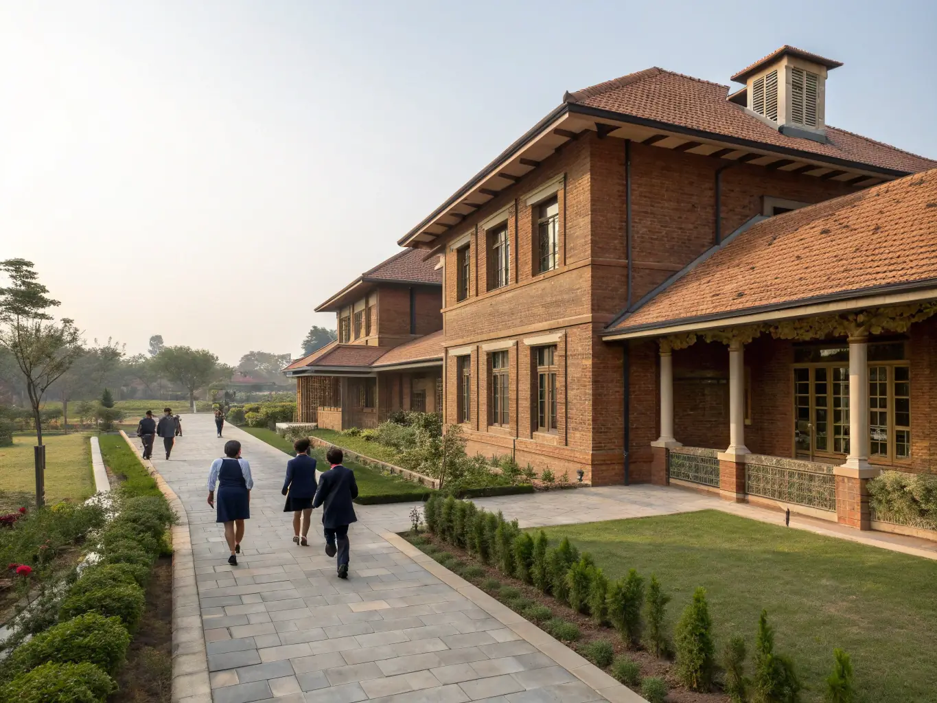 A photograph of the exterior of Beit House, showcasing its traditional architecture and well-maintained gardens, with students visible in the background, creating a warm and inviting atmosphere.