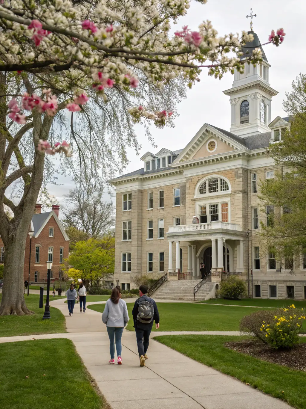 A group of prospective students and their parents are touring the Girls High School campus, guided by a current student. The image captures the welcoming atmosphere and the beauty of the school grounds.