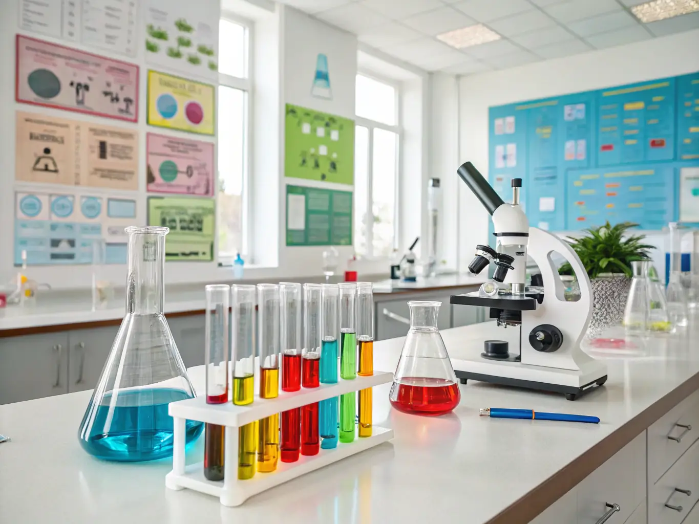 A bright and well-equipped science lab at Girls High School, with students in lab coats conducting experiments under the guidance of a teacher, showcasing the school's commitment to STEM education.