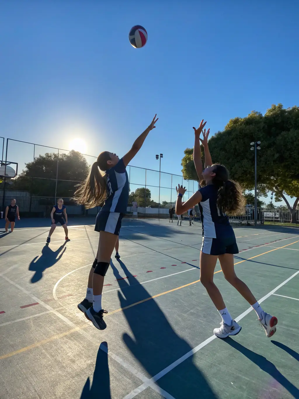 Girls High School students playing netball on the school's sports field, demonstrating teamwork and athletic prowess.